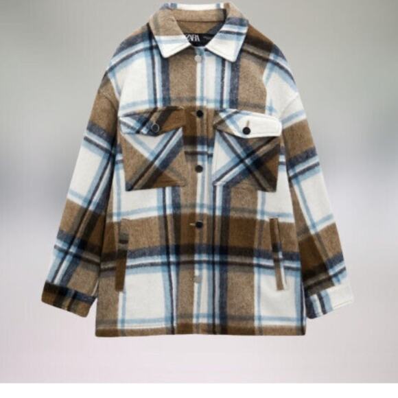 Zara | Wool Blend Plaid Overshirt Shacket Size Small - Picture 9 of 9
